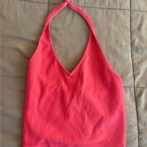 Pink Halter Neck Ribbed Women's Top